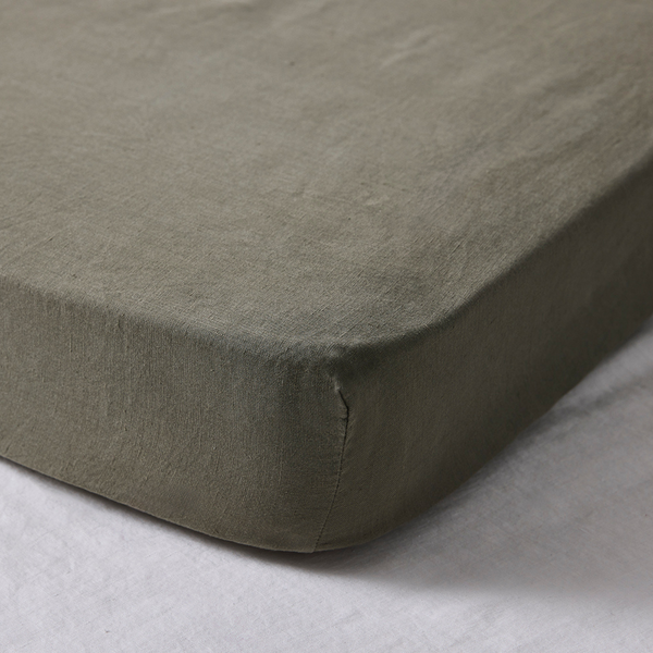 100% Linen Fitted Cot Sheet in Khaki