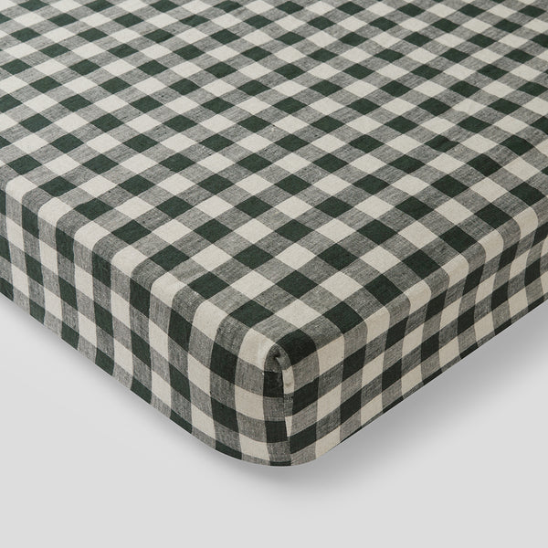 100% Linen Fitted Cot Sheet in Pine Gingham