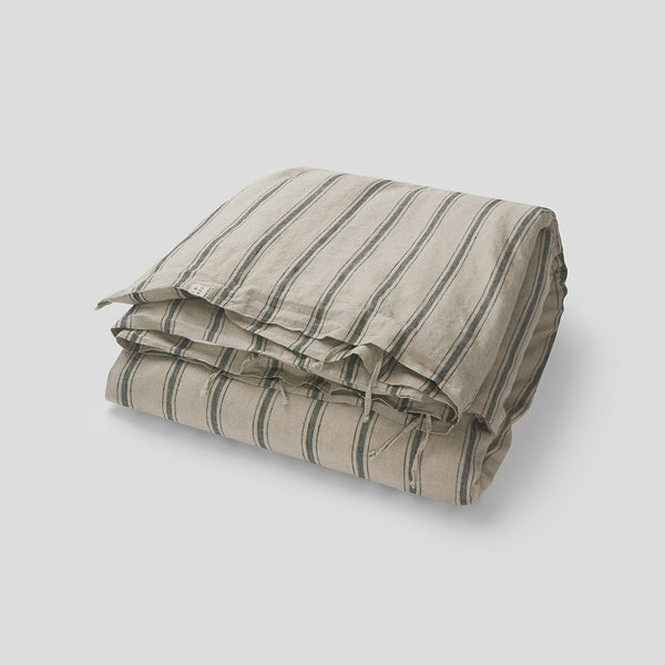 100% Linen Duvet Cover in Pine Stripe