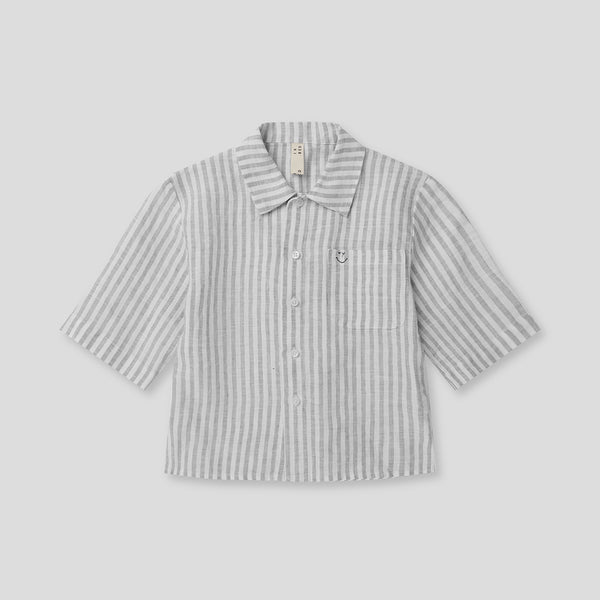 100% Linen Kids Shirt in Grey & White Stripe