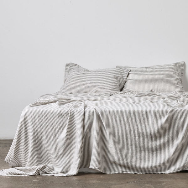 100% Linen Sheet Set in Grey & White Stripe