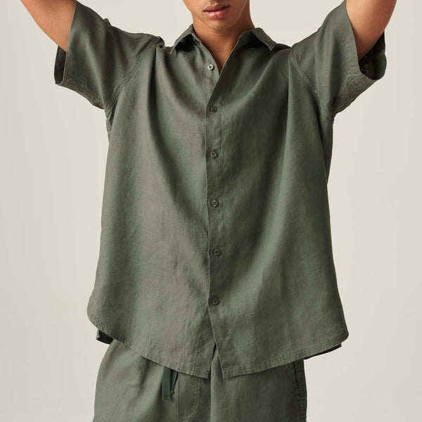 100% Linen Short Sleeve Sleepwear Set in Khaki - Mens