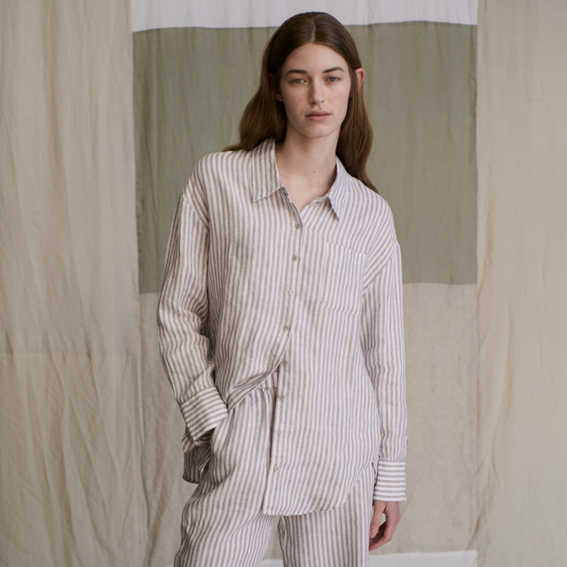 100% Linen Oversized Shirt in Grey & White Stripe