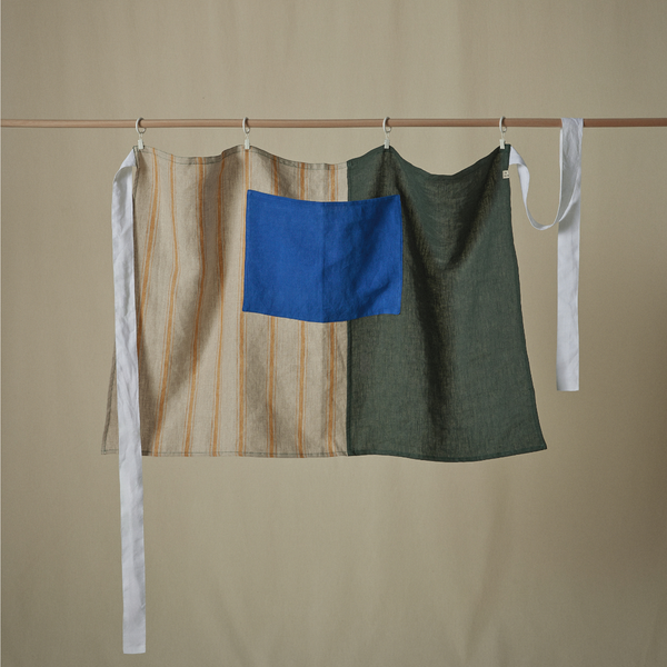 Atelier Patchwork Apron in Marigold Stripe, Pine & Cobalt