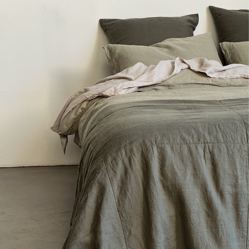 100% Linen Mixed Bedding & Quilt Set - Stone, Khaki & Dove Grey