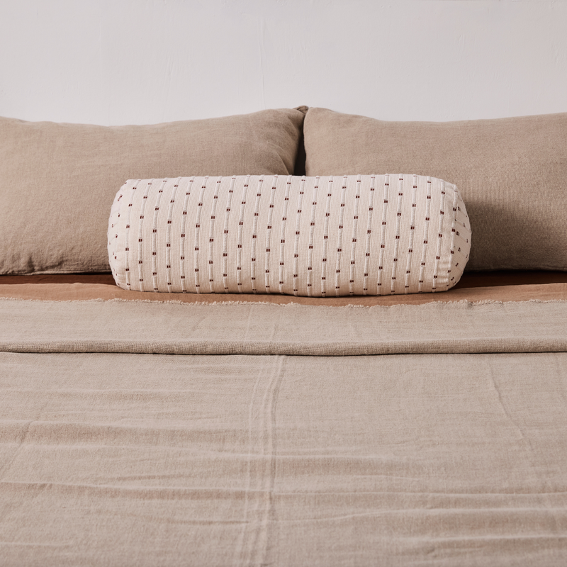 100% Organic Textured Cotton Bolster Cushion in Off White & Umber