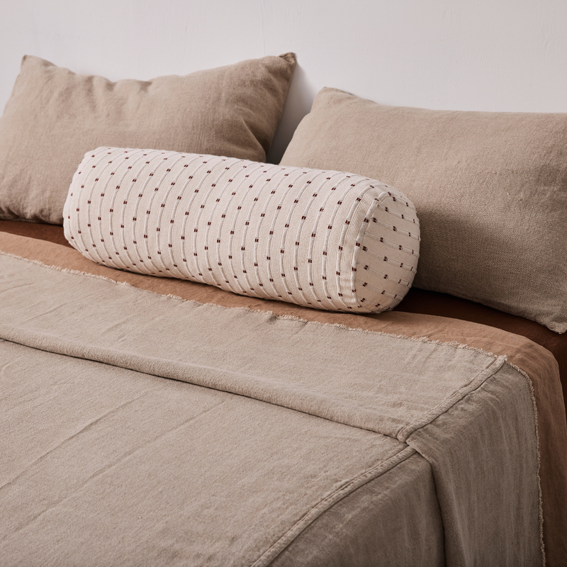 100% Organic Textured Cotton Bolster Cushion in Off White & Umber