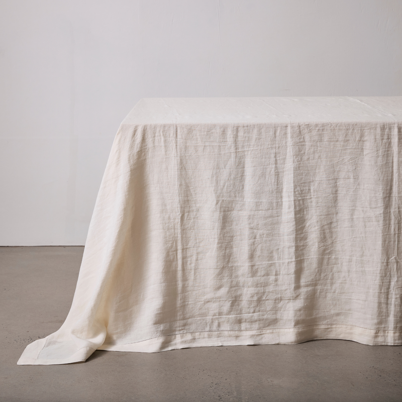 100% Linen Table Cloth with Hem Stitch Detail in White