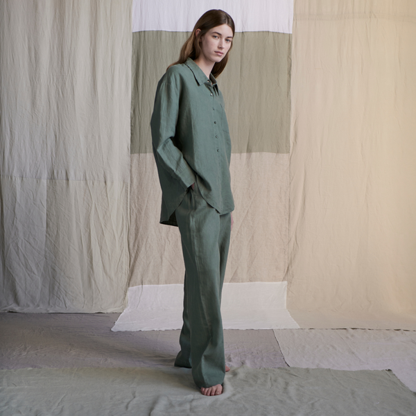 100% Linen Long Sleeve Sleepwear Set in Khaki - Womens