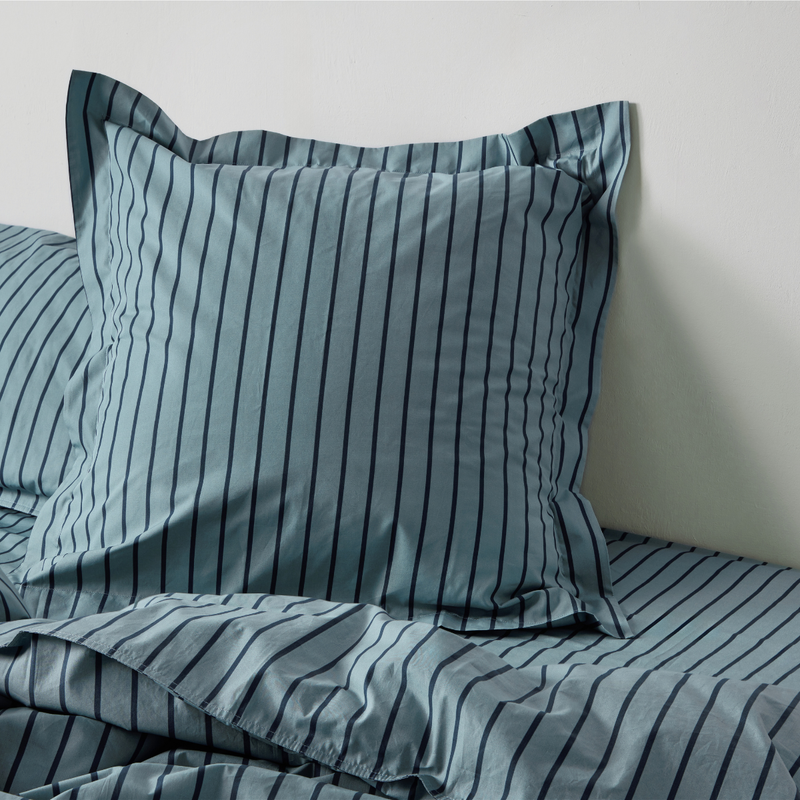 Organic Cotton 300TC Percale Sham Pillowslip set (of two) in Mineral & Navy Stripe