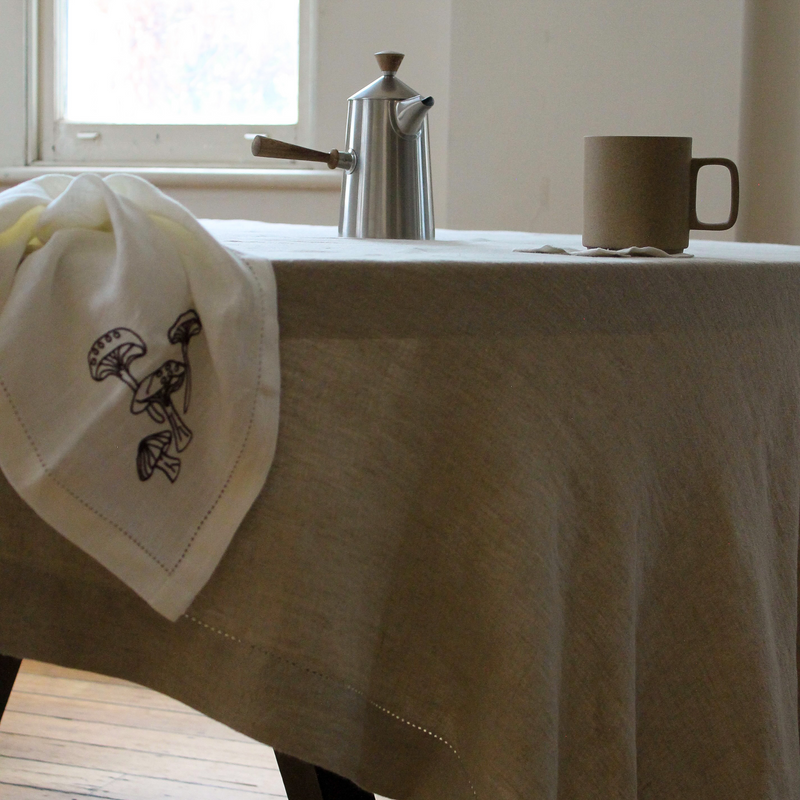 100% Linen Table Cloth with Hem Stitch & Embroidery Detail in Natural