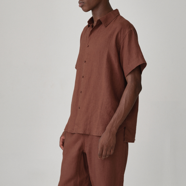 100% Linen Short Sleeve Shirt in Cocoa - Mens