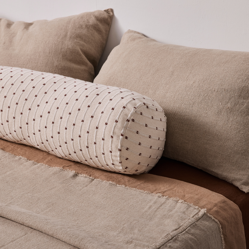 100% Organic Textured Cotton Bolster Cushion in Off White & Umber