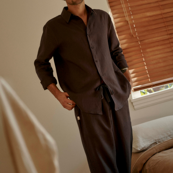 100% Linen Long Sleeve Sleepwear Set in kohl - Mens