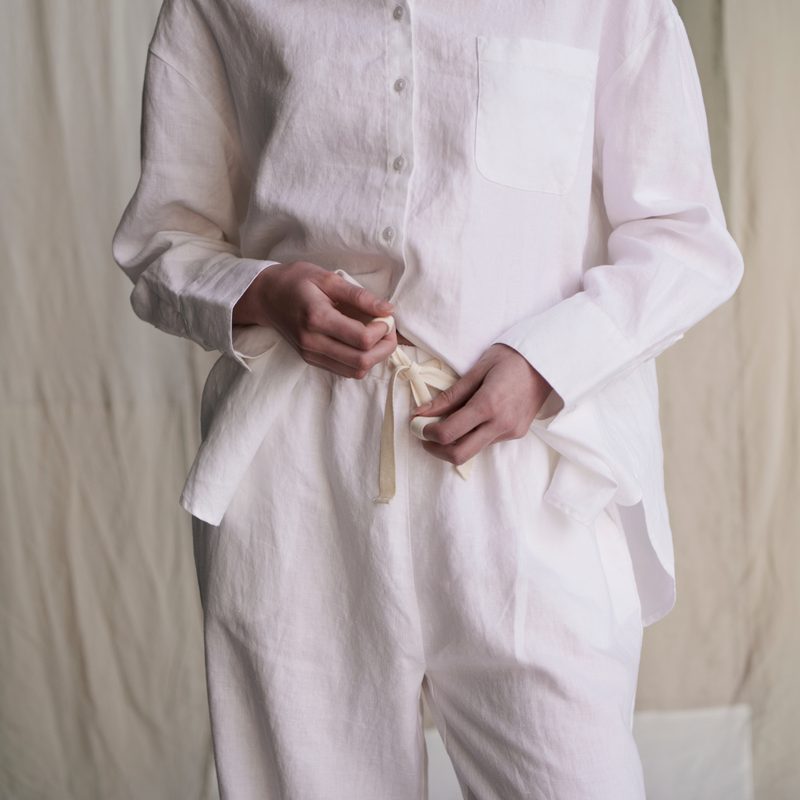 100% Linen Long Sleeve Sleepwear Set in White - Womens