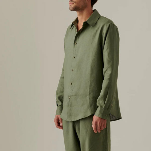 100% Linen Long Sleeve Sleepwear Set in Khaki - Mens