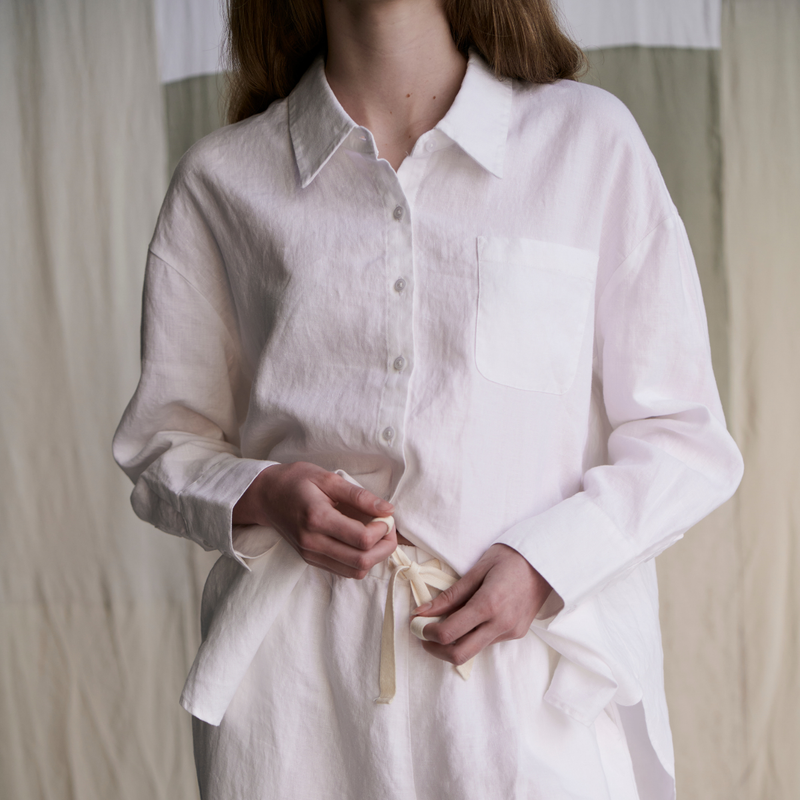 100% Linen Long Sleeve Sleepwear Set in White - Womens