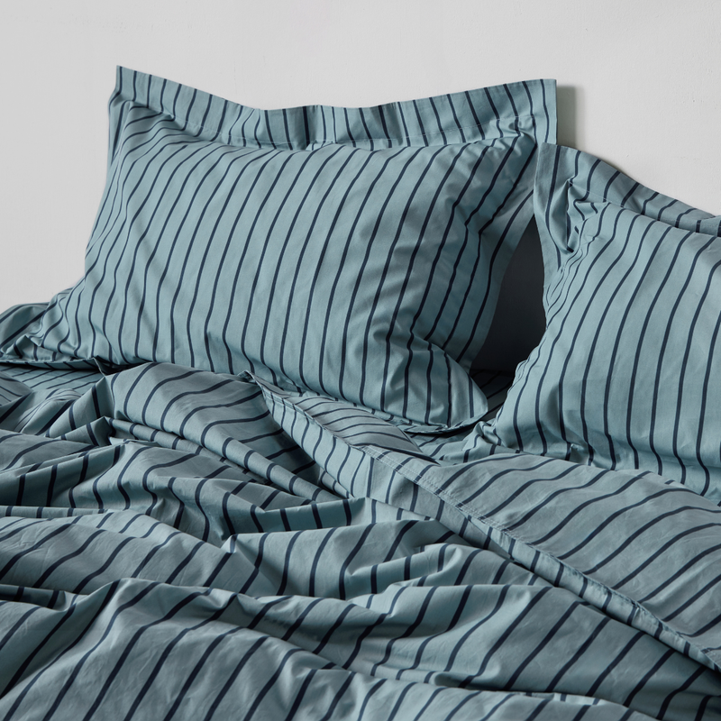 Organic Cotton 300TC Percale Sham Pillowslip set (of two) in Mineral & Navy Stripe