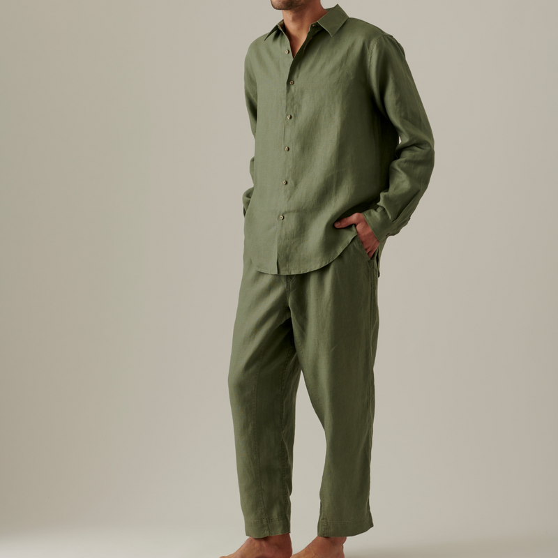 100% Linen Long Sleeve Sleepwear Set in Khaki - Mens