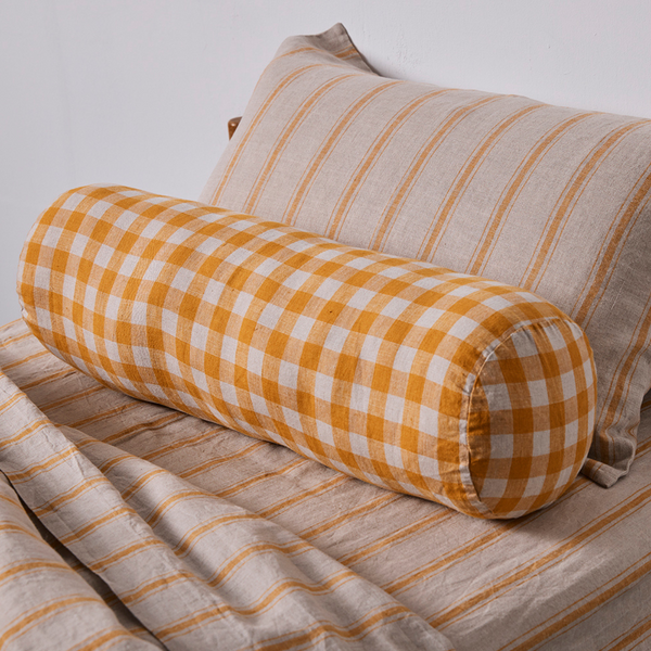 100% Linen Bolster Cushion in Marigold Gingham