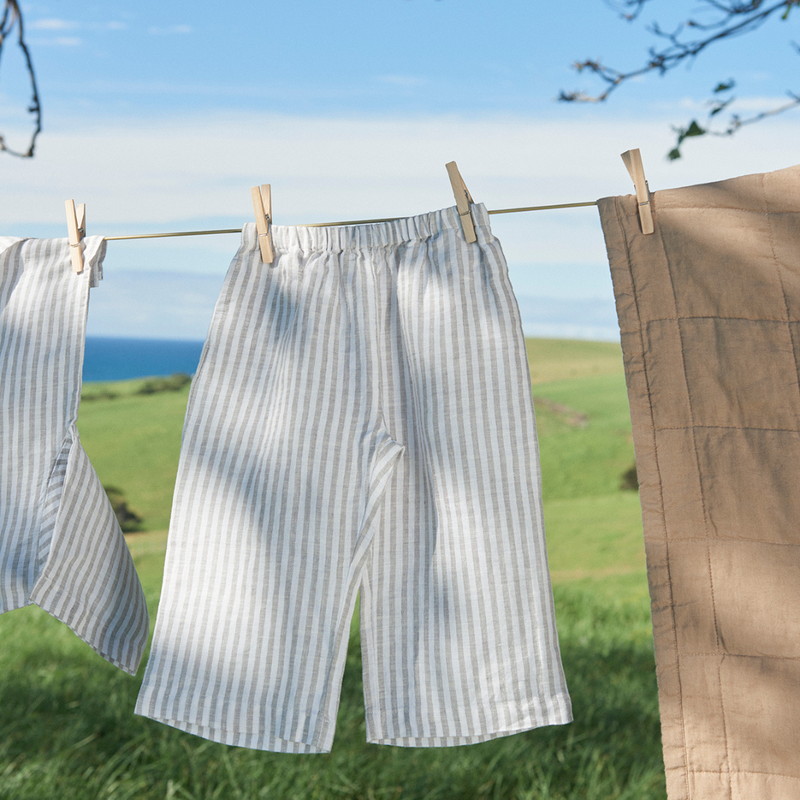 100% Linen Kids Sleepwear Set in Grey & White Stripe