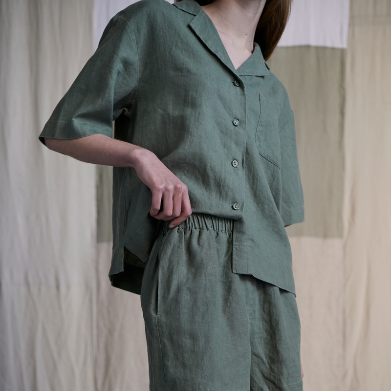 100% Linen Short Sleeve Sleepwear Set Khaki - Womens