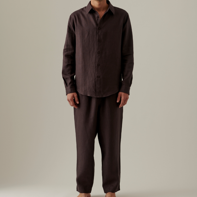 100% Linen Long Sleeve Sleepwear Set in kohl - Mens