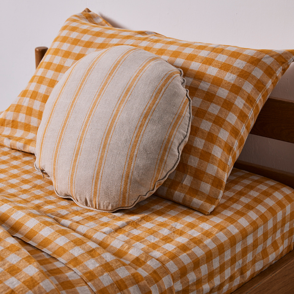 100% Linen Round Cushion in Marigold Stripe