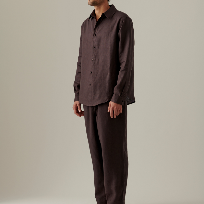 100% Linen Long Sleeve Sleepwear Set in kohl - Mens