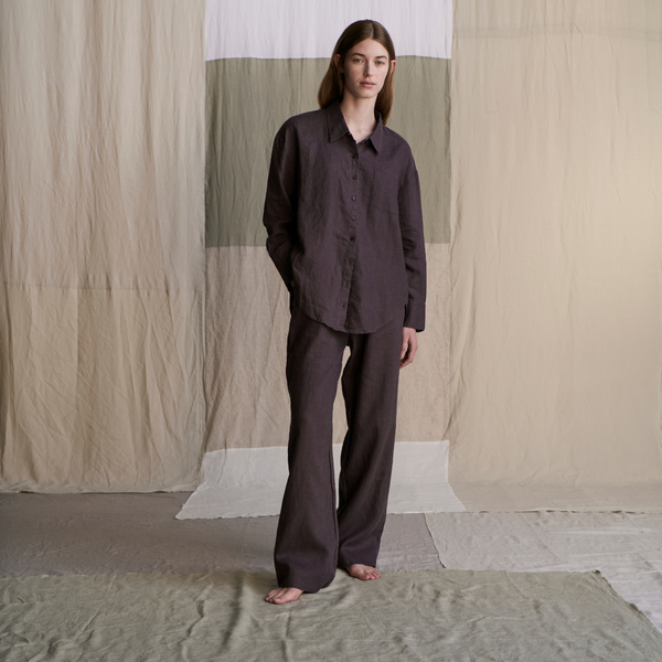 100% Linen Long Sleeve Sleepwear Set in Kohl - Womens