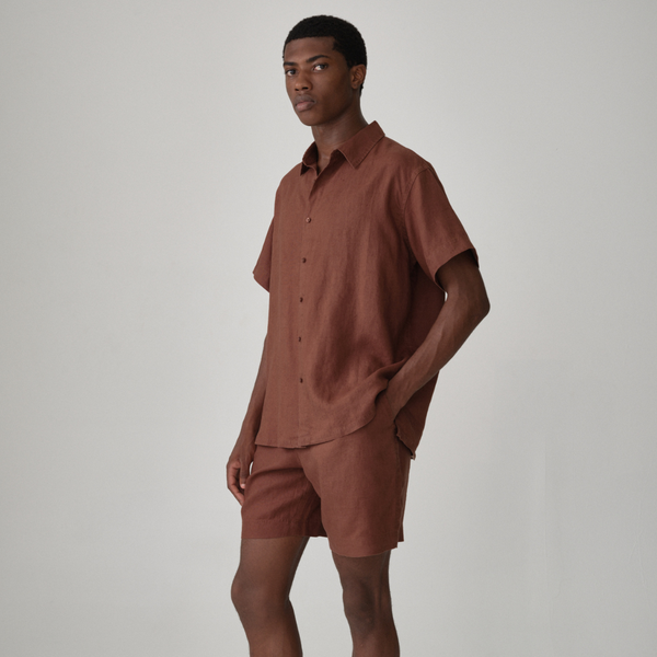 100% Linen Short Sleeve Sleepwear Set in Cocoa - Mens