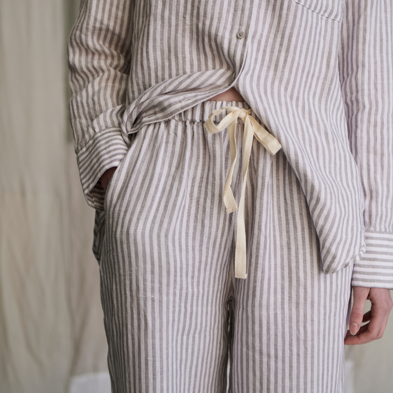 100% Linen Long Sleeve Sleepwear Set in Grey & White Stripe - Womens