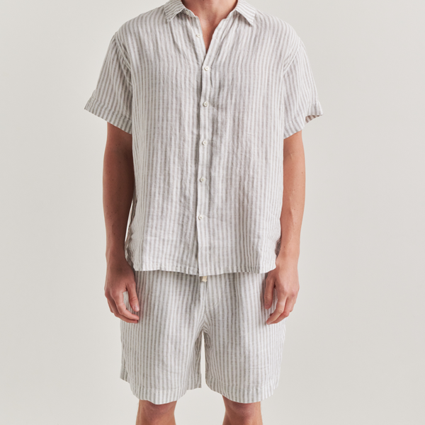 100% Linen Short Sleeve Sleepwear Set in Grey & White Stripe - Mens