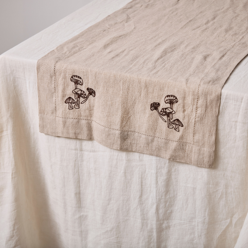 100% Linen Table Runner with Hem Stitch & Embroidery Detail in Natural