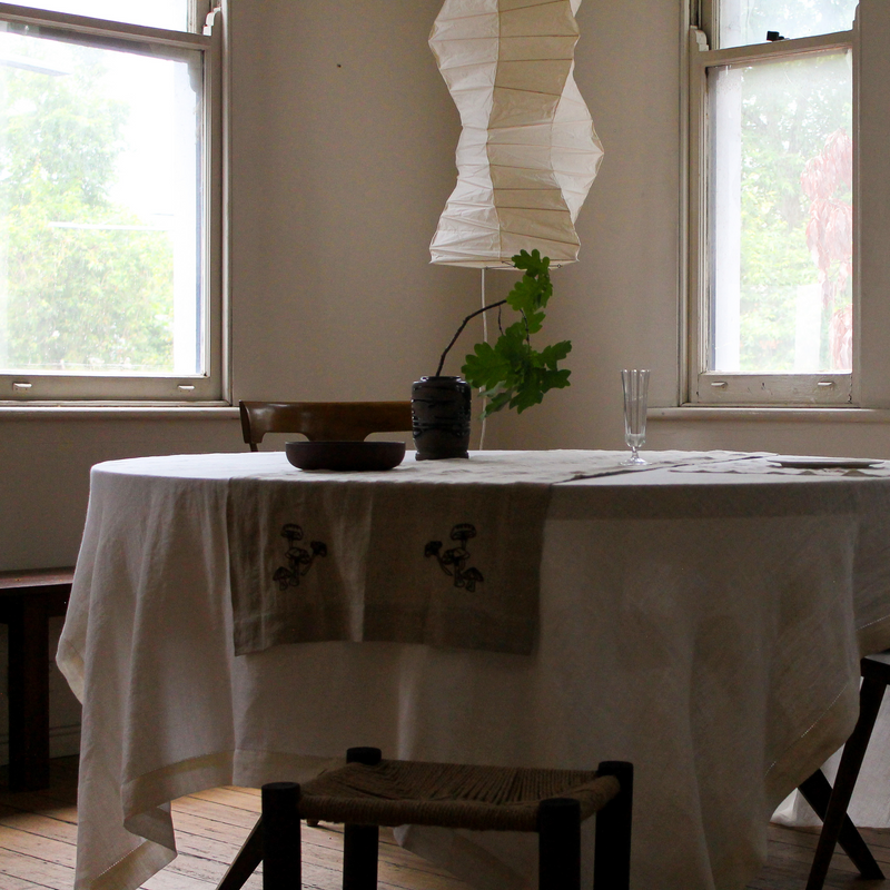 100% Linen Table Cloth with Hem Stitch & Embroidery Detail in White