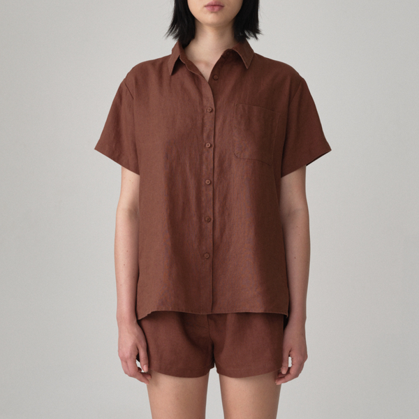 100% Linen Short Sleeve Shirt in Cocoa