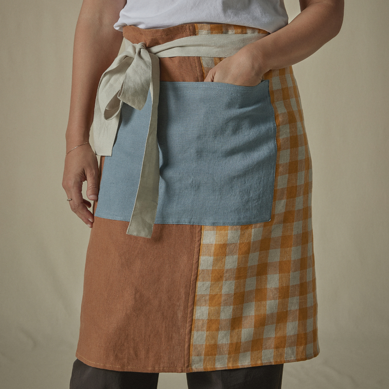 Atelier Patchwork Apron in Toffee, Lake & Marigold Gingham