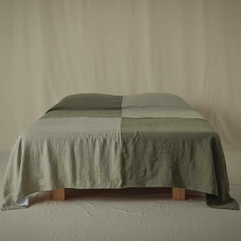 Atelier Reversible Patchwork Bedcover in Khaki & Stone + Pine & White