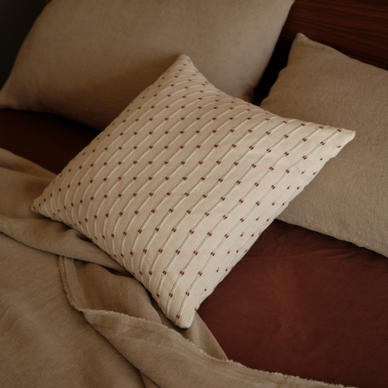 100% Organic Textured Cotton Square Cushion in Off White & Umber