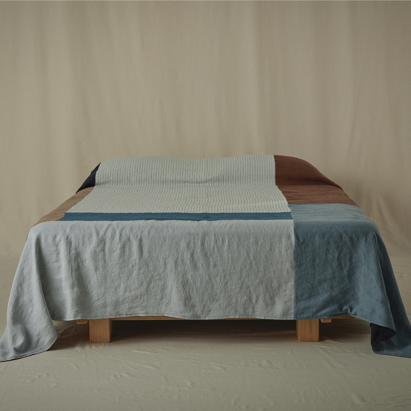 Atelier Patchwork Bedcover in Pinstripe, Midnight, Lake & Mist