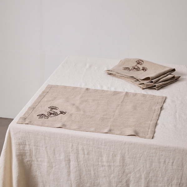 100% Linen Placemat Set with Hem Stitch & Embroidery Detail in Natural