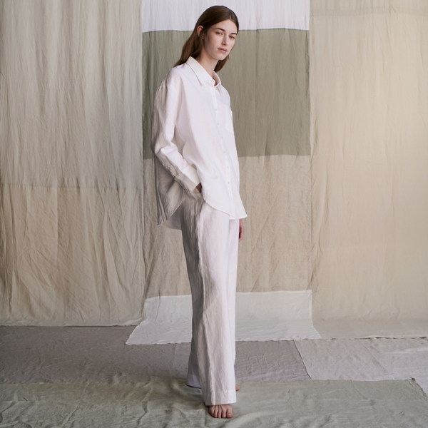 100% Linen Long Sleeve Sleepwear Set in White - Womens