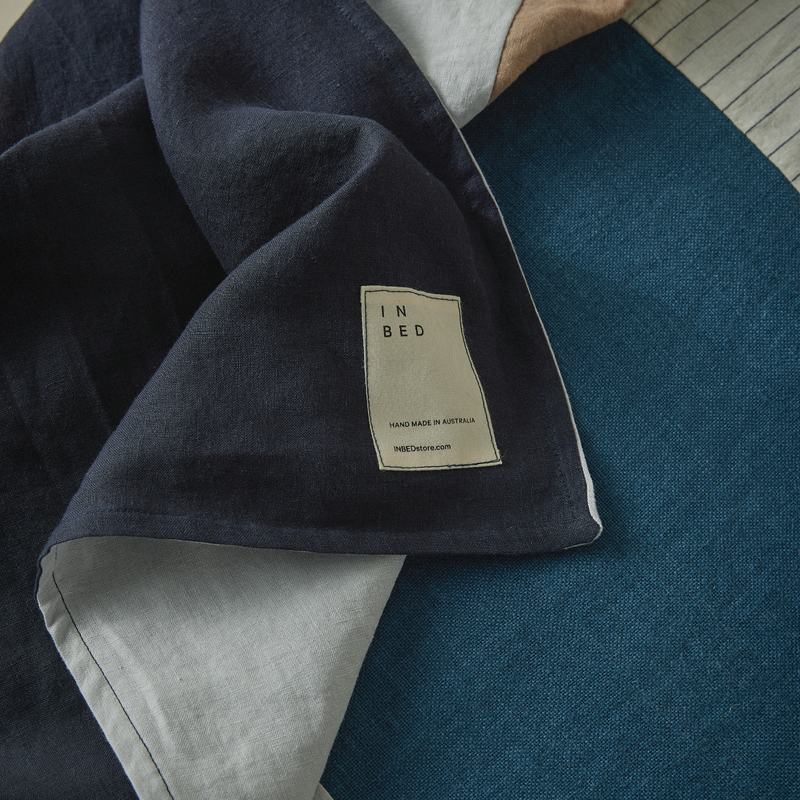 Atelier Patchwork Bedcover in Pinstripe, Midnight, Lake & Mist