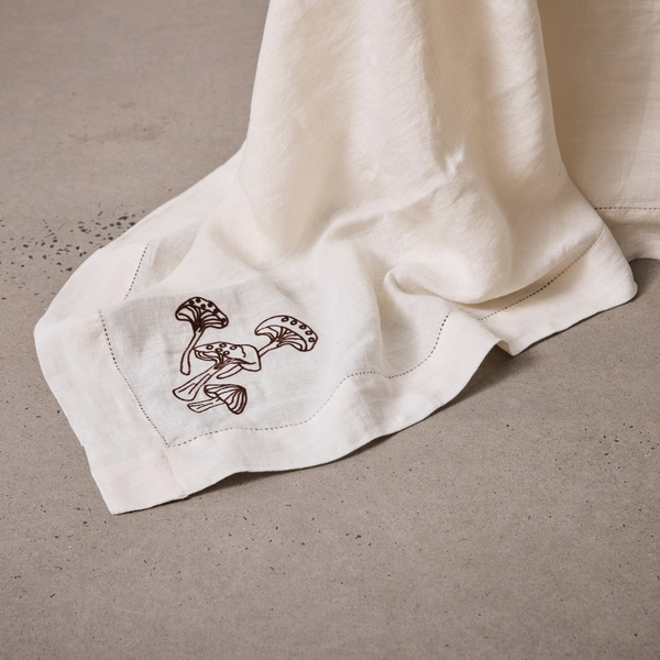 100% Linen Table Cloth with Hem Stitch & Embroidery Detail in Off White