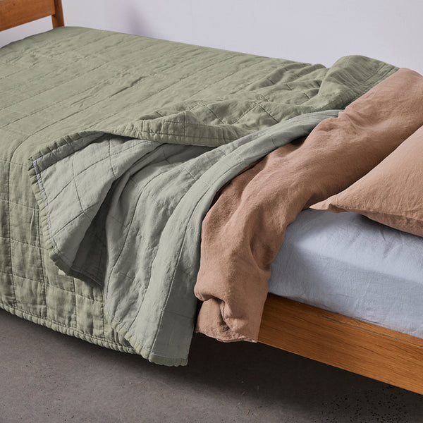 100% Linen Kids Quilted Bed Cover in Khaki & Stone