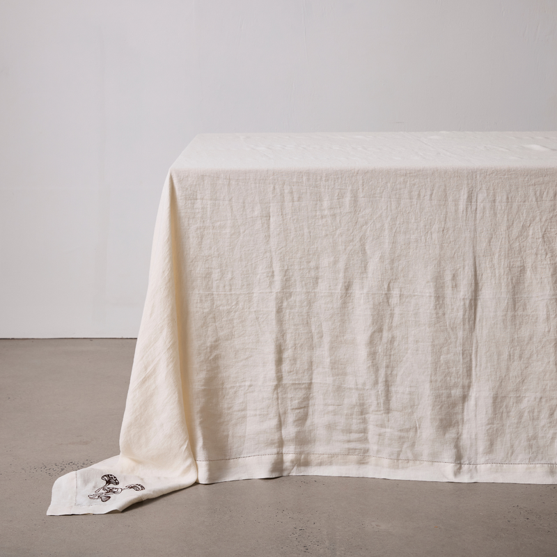 100% Linen Table Cloth with Hem Stitch & Embroidery Detail in White