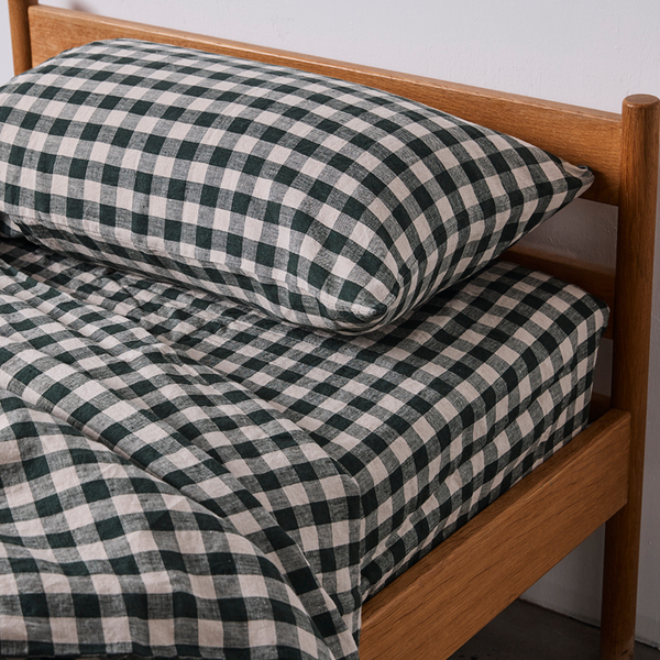100% Linen Fitted Sheet in Pine Gingham