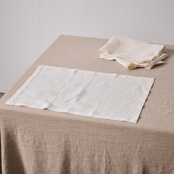 100% Linen Placemat Set with Hem Stitch Detail in Off White