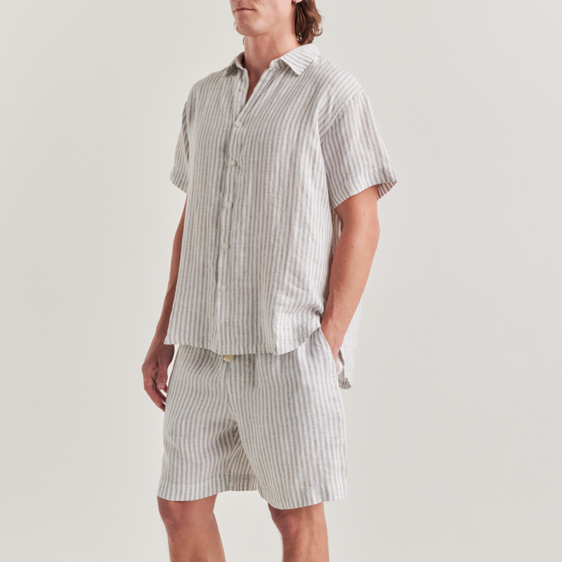 100% Linen Short Sleeve Sleepwear Set in Grey & White Stripe - Mens