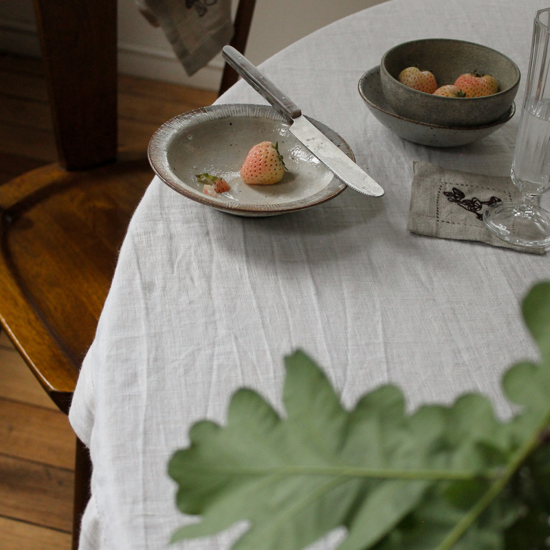 100% Linen Table Cloth with Hem Stitch & Embroidery Detail in White